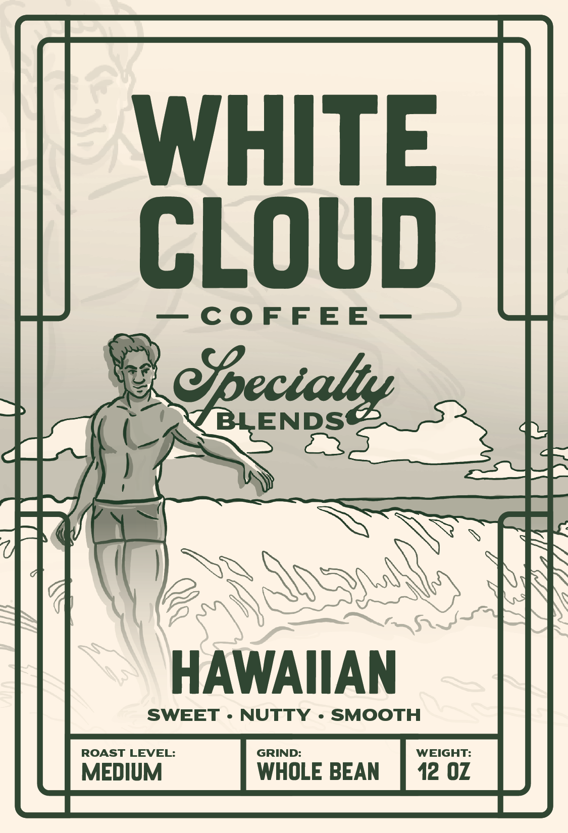 White Cloud Coffee Hawaiian specialty blend bag with surfer illustration