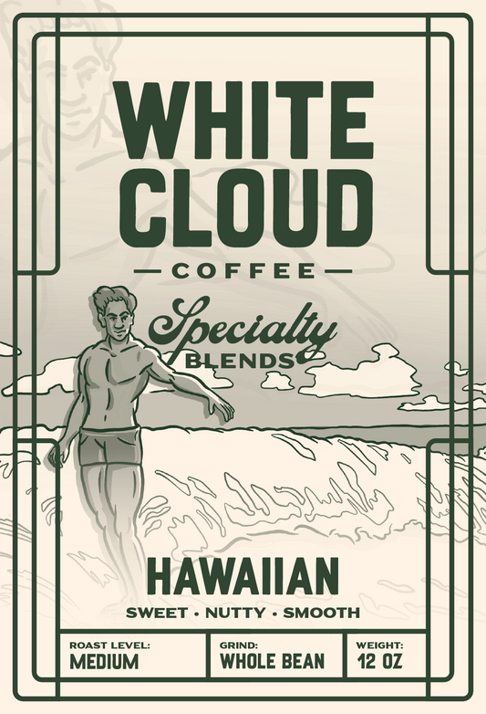 White Cloud Coffee Hawaiian specialty blend bag with surfer illustration