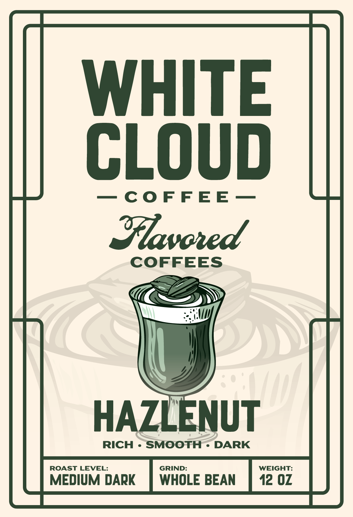 Hazelnut flavored coffee from White Cloud Coffee, medium dark roast with topped-glass artwork