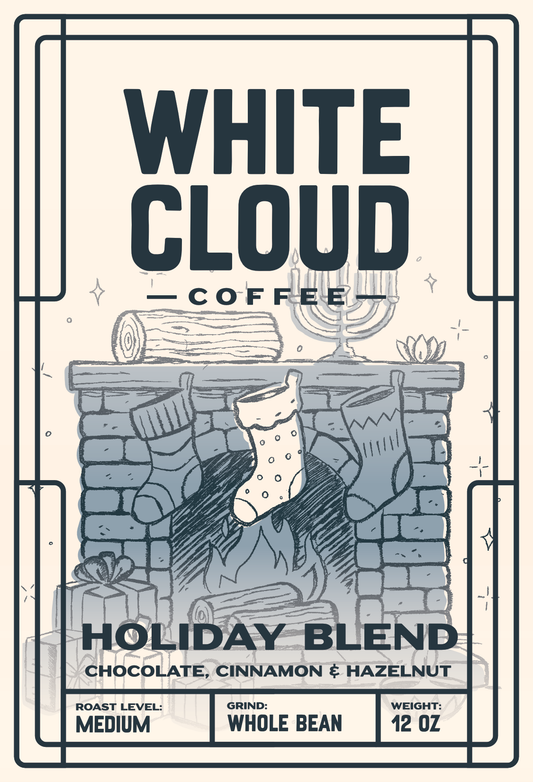Holiday Blend medium roast coffee from White Cloud Coffee, fireplace stockings artwork