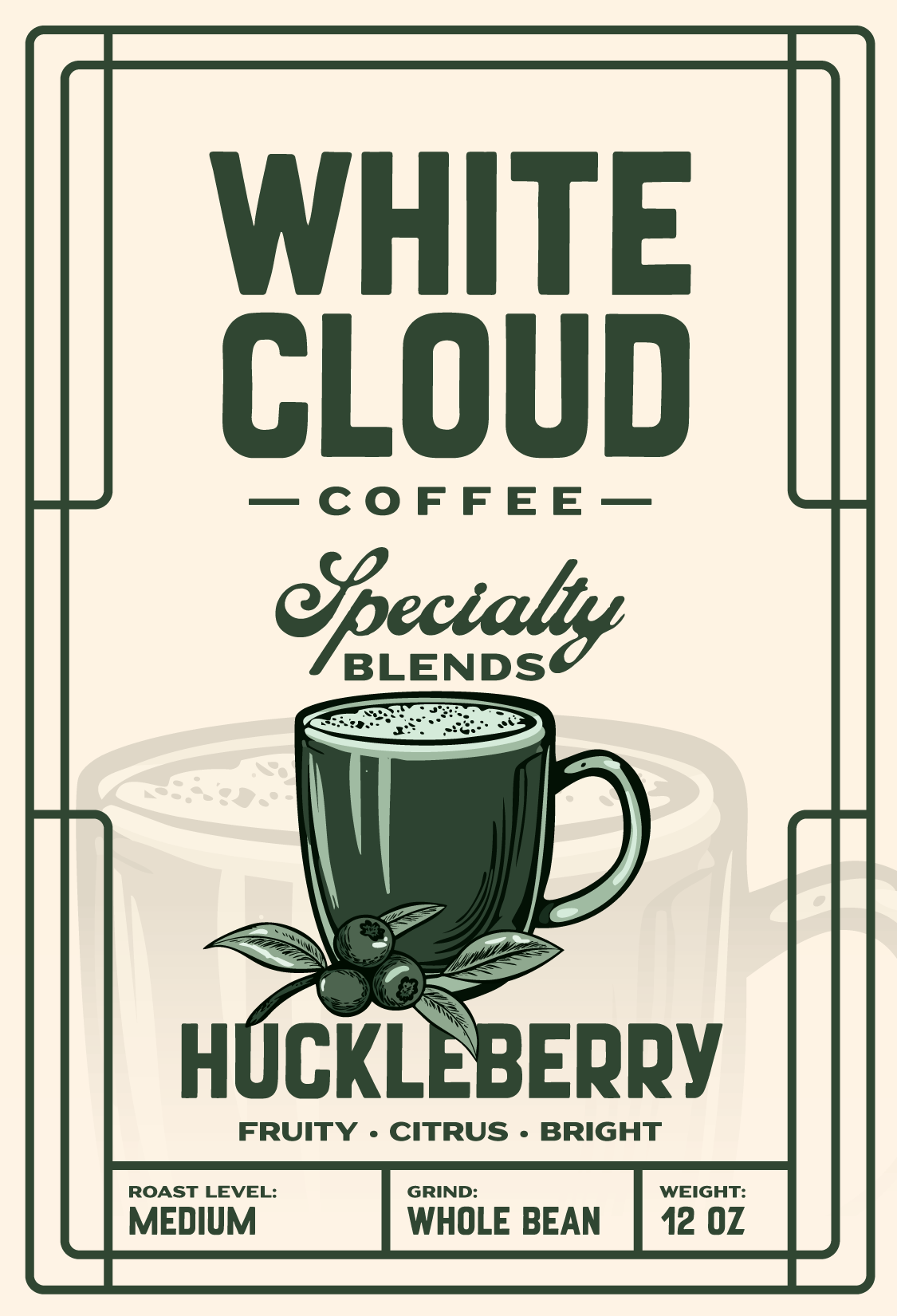 Huckleberry flavored medium roast from White Cloud Coffee, mug and berries artwork
