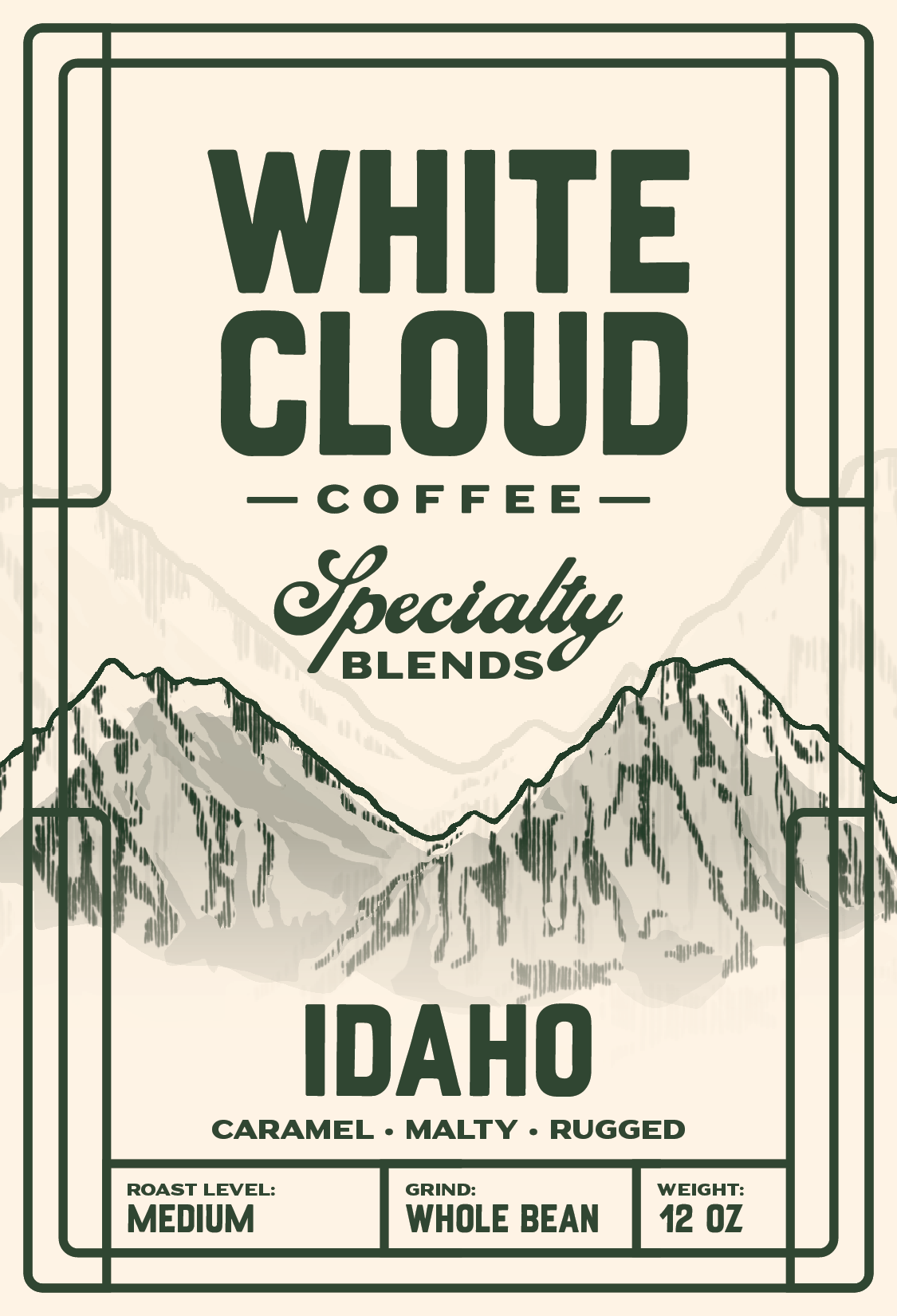 White Cloud Coffee Idaho specialty blend bag with mountain range illustration