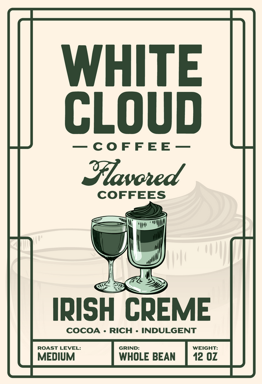 Irish Crème flavored medium roast from White Cloud Coffee, cream-topped glasses artwork