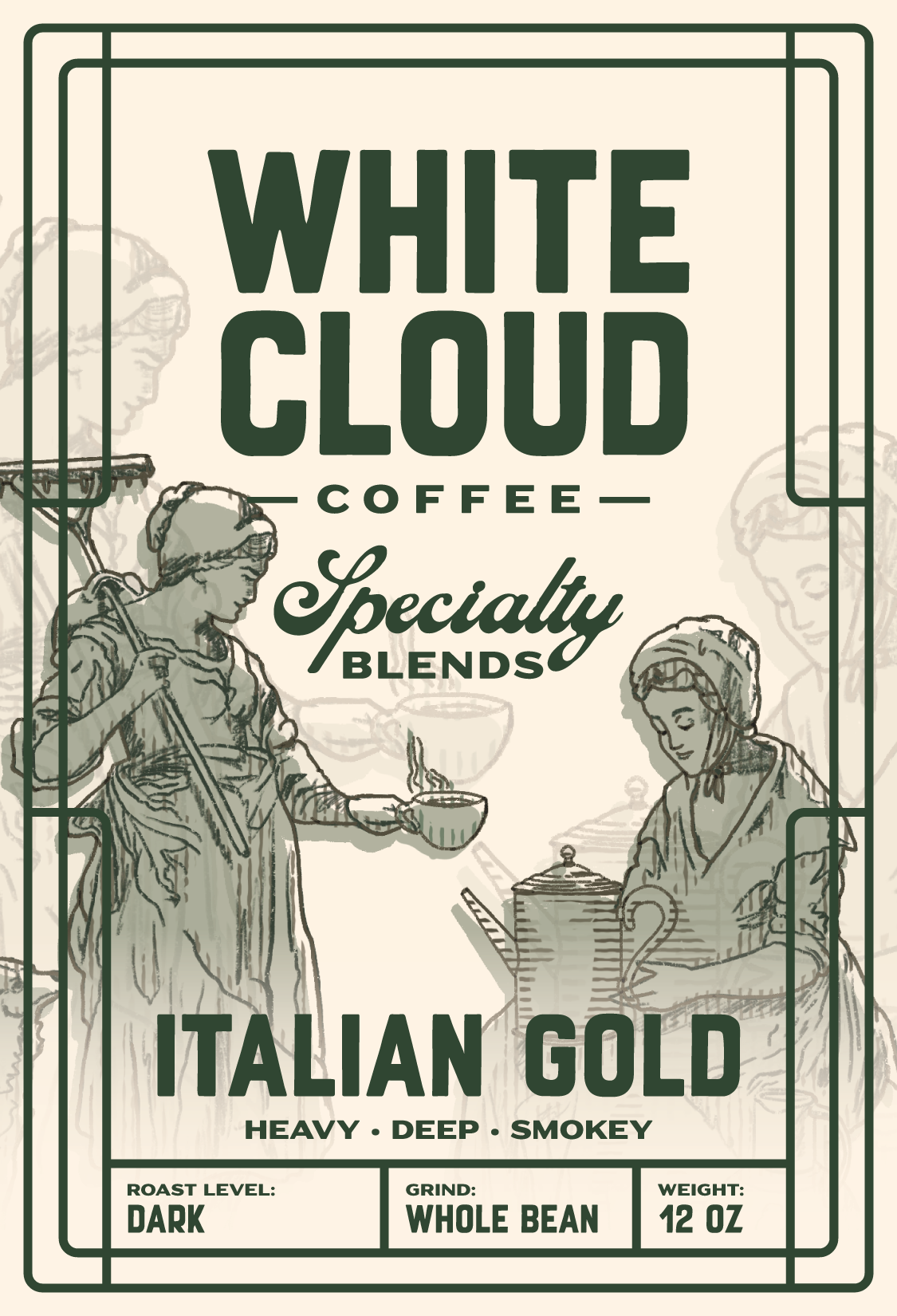 Italian Gold dark roast coffee bag from White Cloud Coffee, vintage café artwork