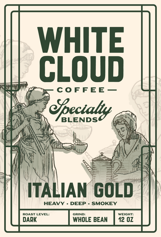 Italian Gold dark roast coffee bag from White Cloud Coffee, vintage café artwork