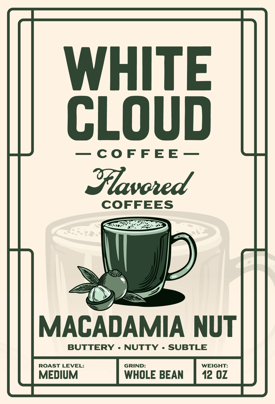 Macadamia Nut flavored medium roast from White Cloud Coffee, mug and nuts artwork