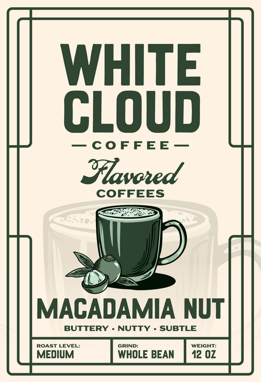 Macadamia Nut flavored medium roast from White Cloud Coffee, mug and nuts artwork