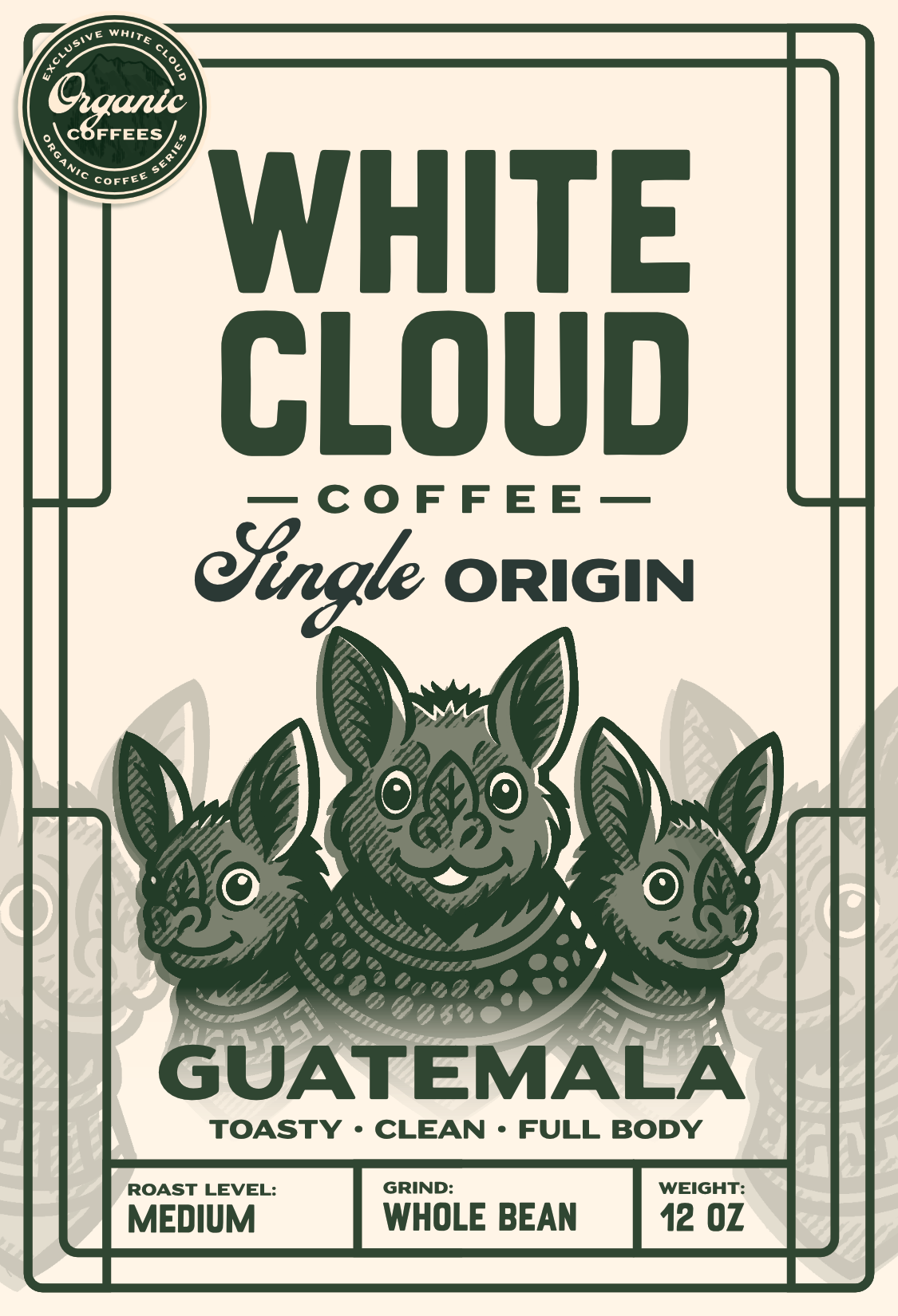 Organic Guatemala single origin coffee from White Cloud Coffee, quetzal bird artwork