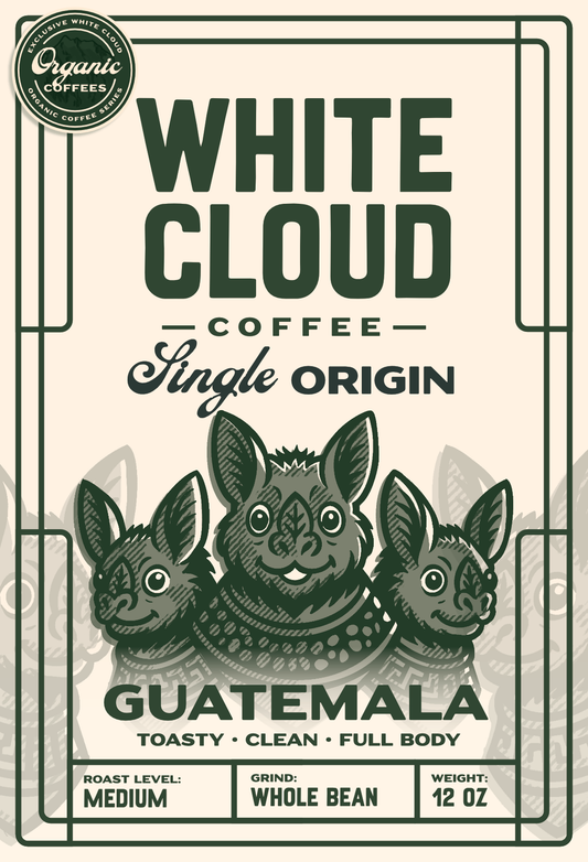Organic Guatemala single origin coffee from White Cloud Coffee, quetzal bird artwork