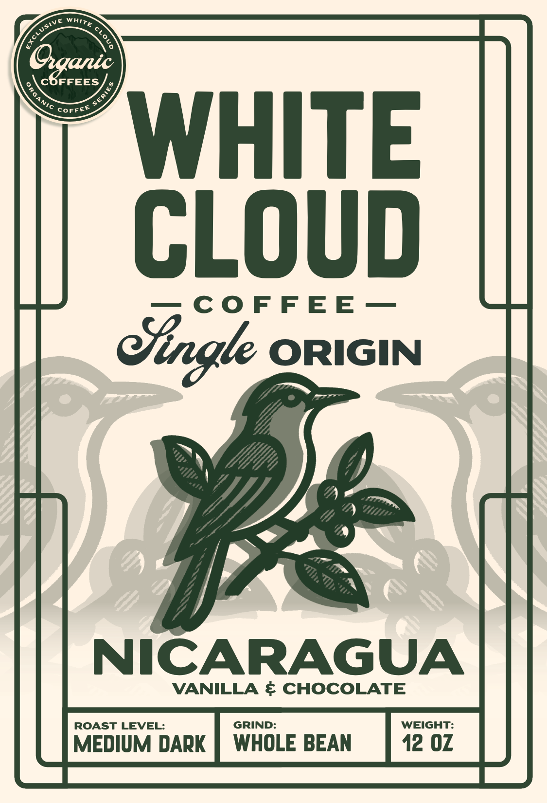 Organic Nicaragua single origin coffee from White Cloud Coffee, songbird artwork