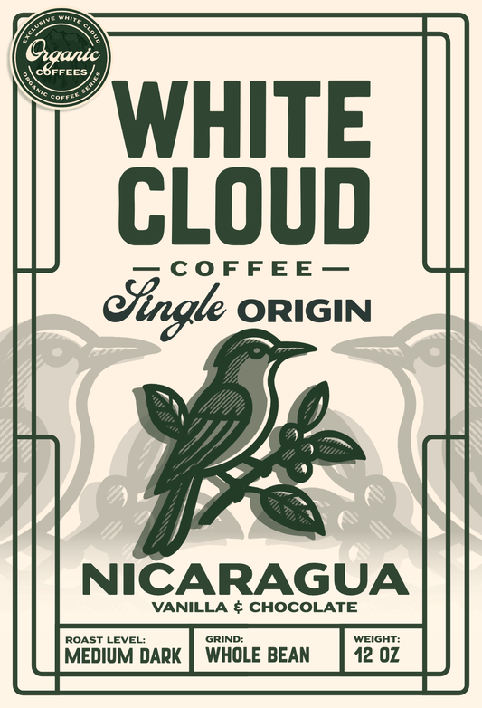 Organic Nicaragua single origin coffee from White Cloud Coffee, songbird artwork