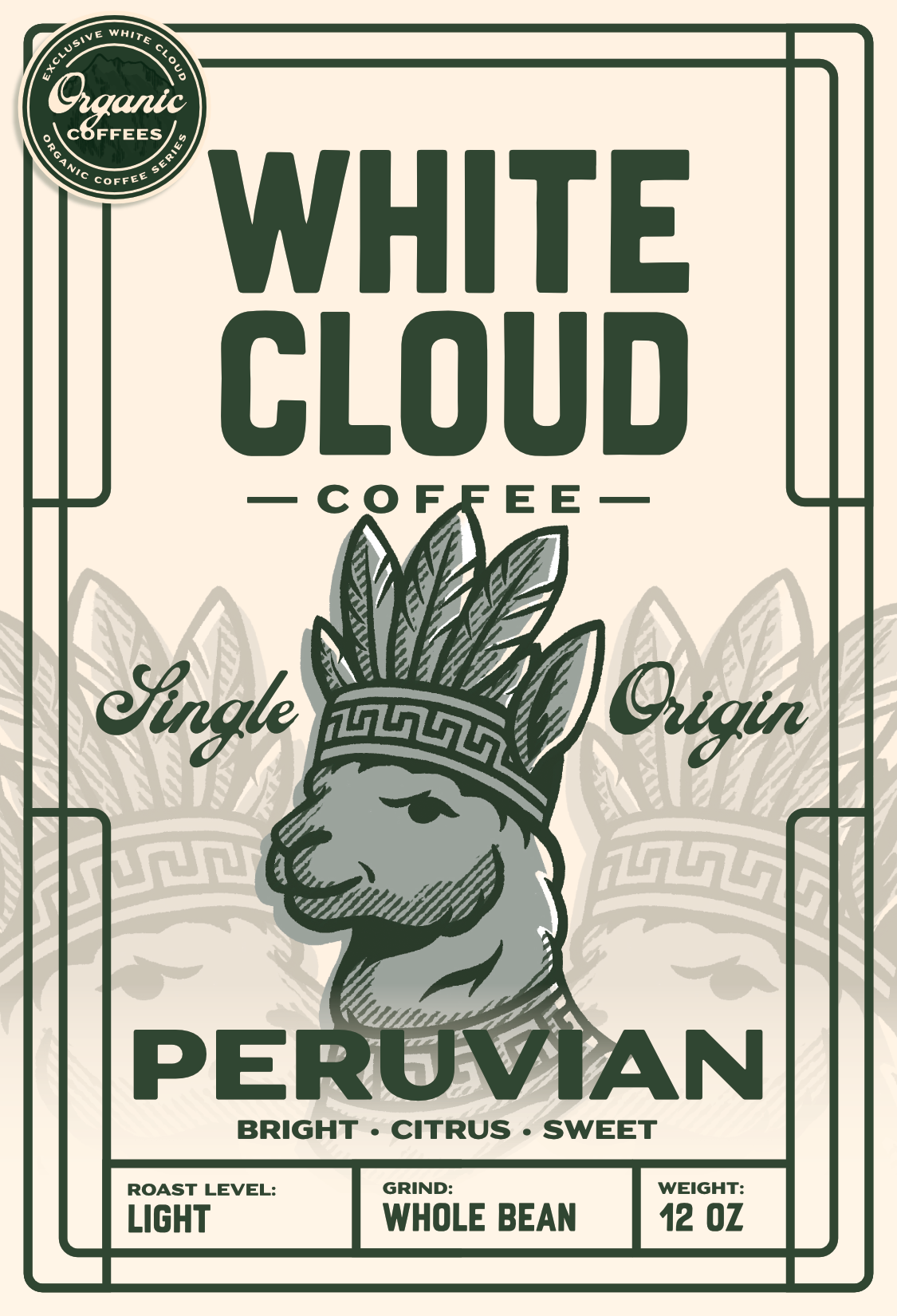 Organic Peruvian light roast single origin coffee from White Cloud Coffee, llama artwork