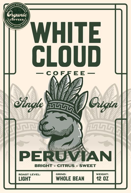 Organic Peruvian light roast single origin coffee from White Cloud Coffee, llama artwork