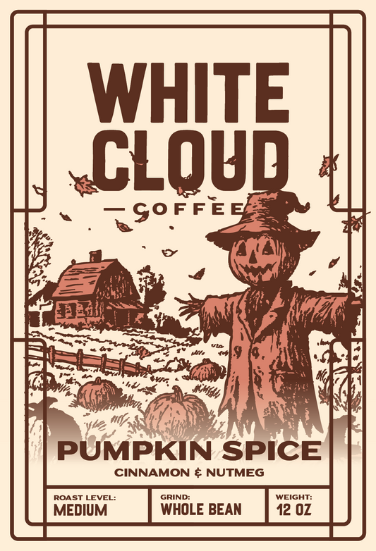 Pumpkin Spice seasonal coffee from White Cloud Coffee, scarecrow and pumpkin patch artwork