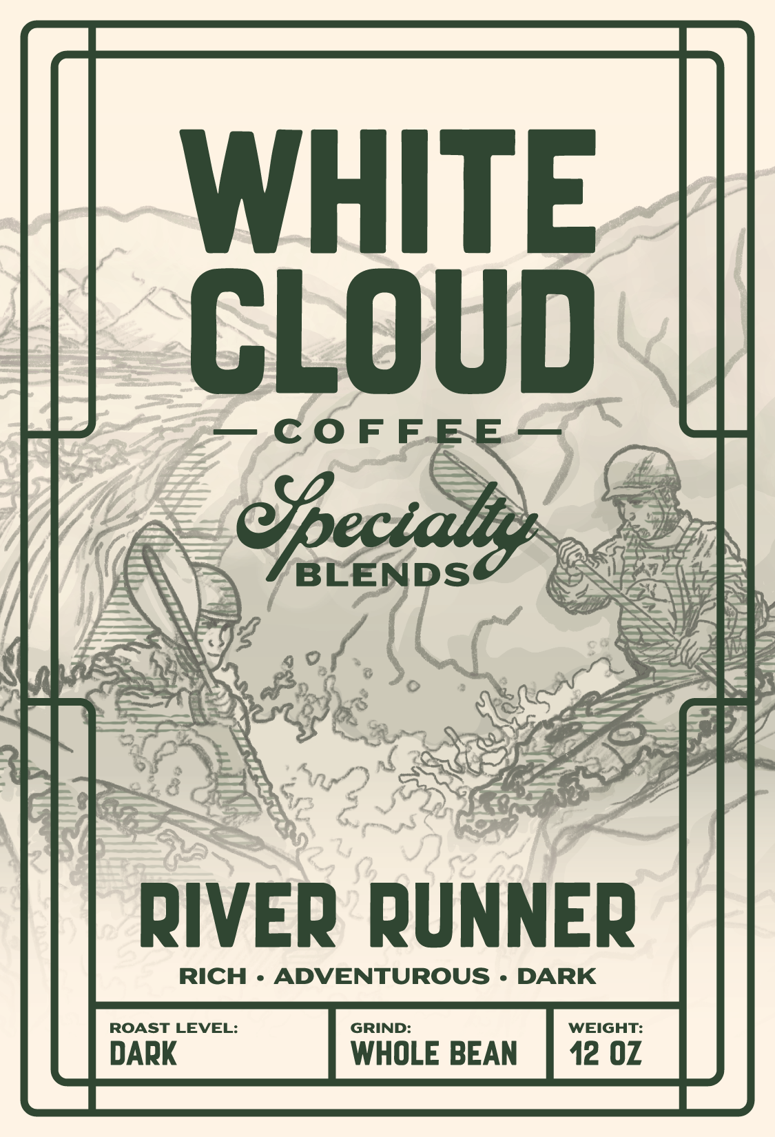 White Cloud Coffee River Runner dark roast bag with whitewater kayaker illustration