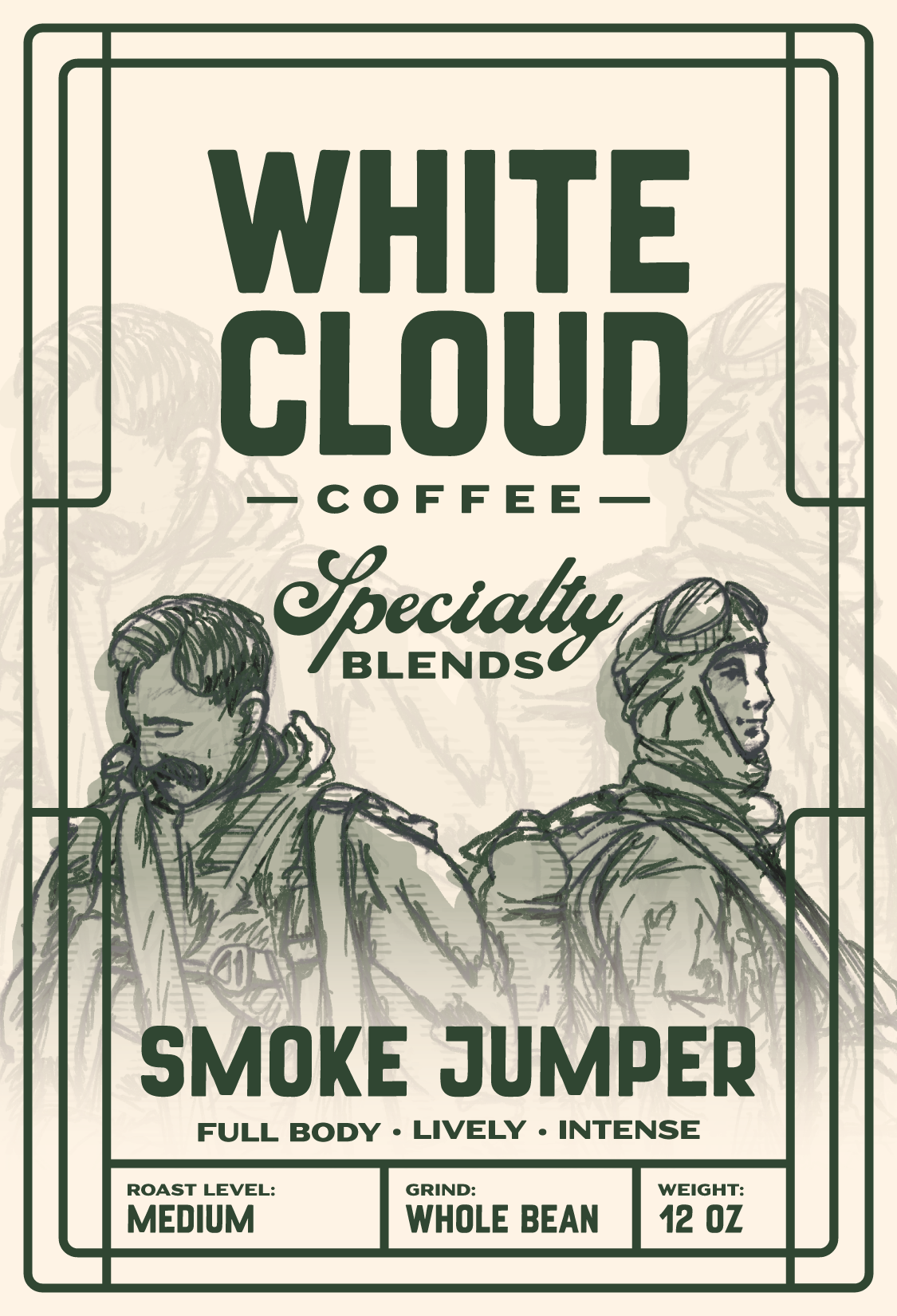 White Cloud Coffee Smoke Jumper specialty blend bag with firefighter illustration