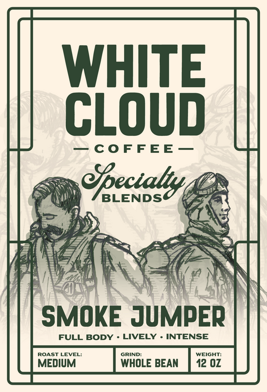 White Cloud Coffee Smoke Jumper specialty blend bag with firefighter illustration