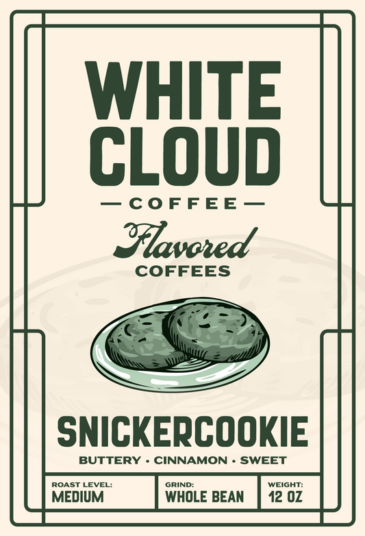 Snicker Cookie flavored coffee from White Cloud Coffee, cinnamon cookies artwork