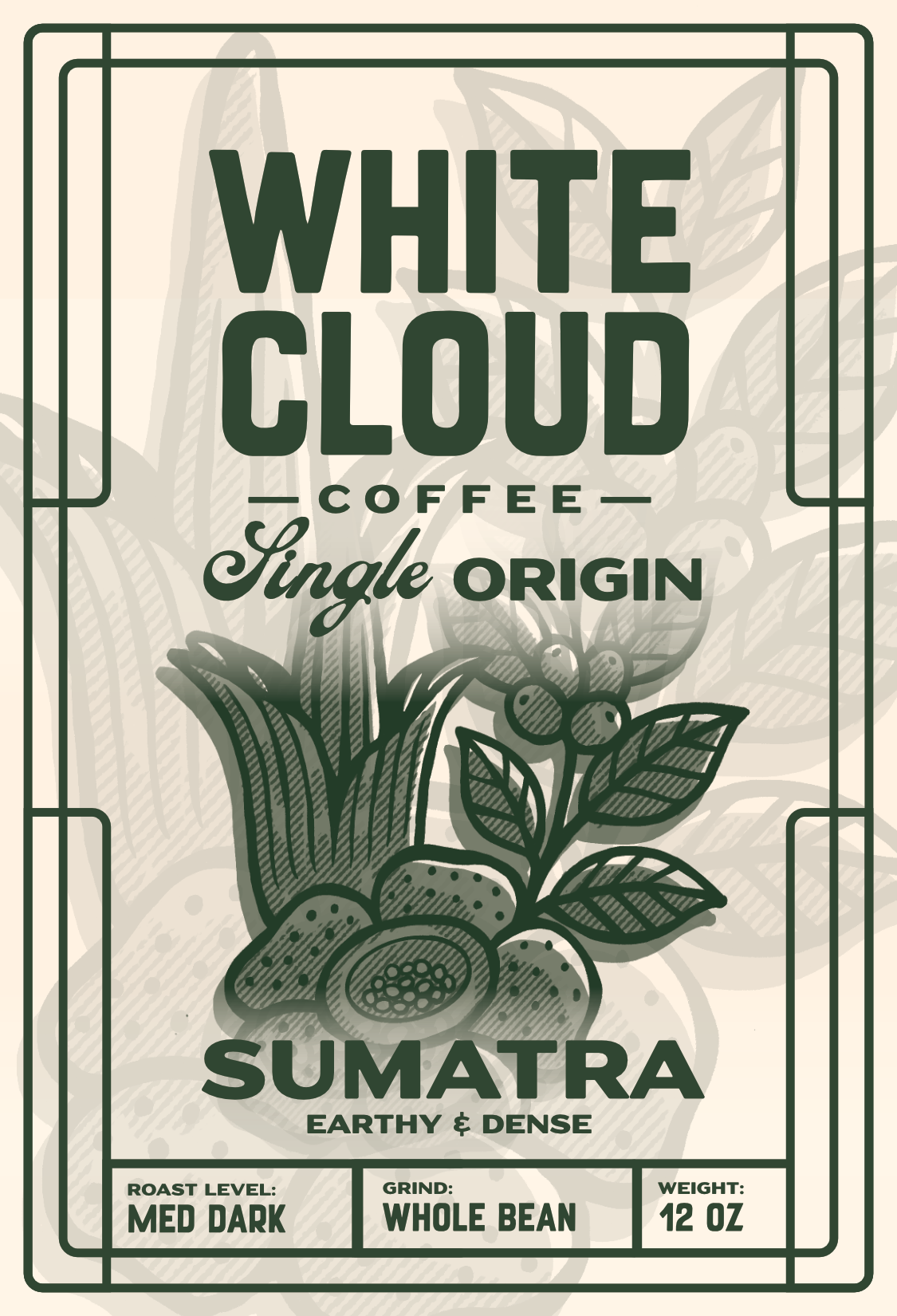 Sumatra single origin coffee bag from White Cloud Coffee, coffee cherry artwork
