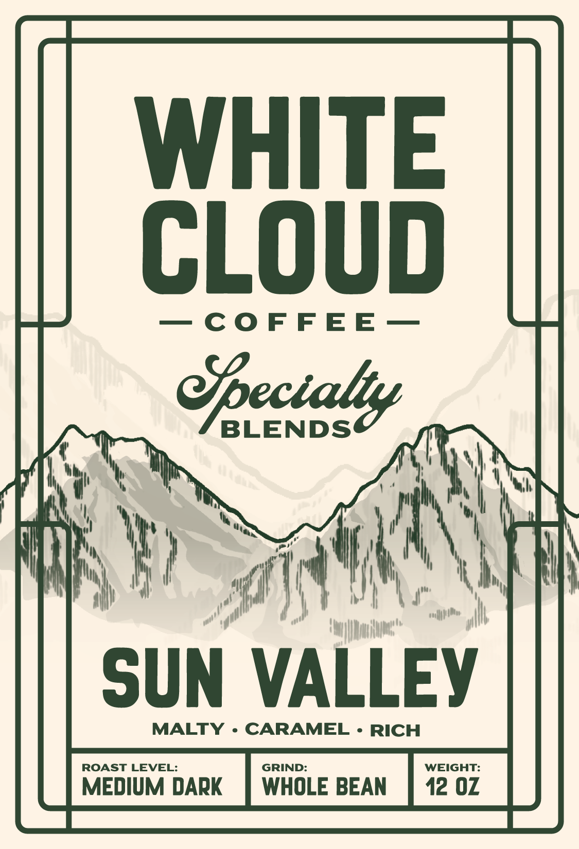 White Cloud Coffee Sun Valley specialty blend bag with mountain peaks illustration
