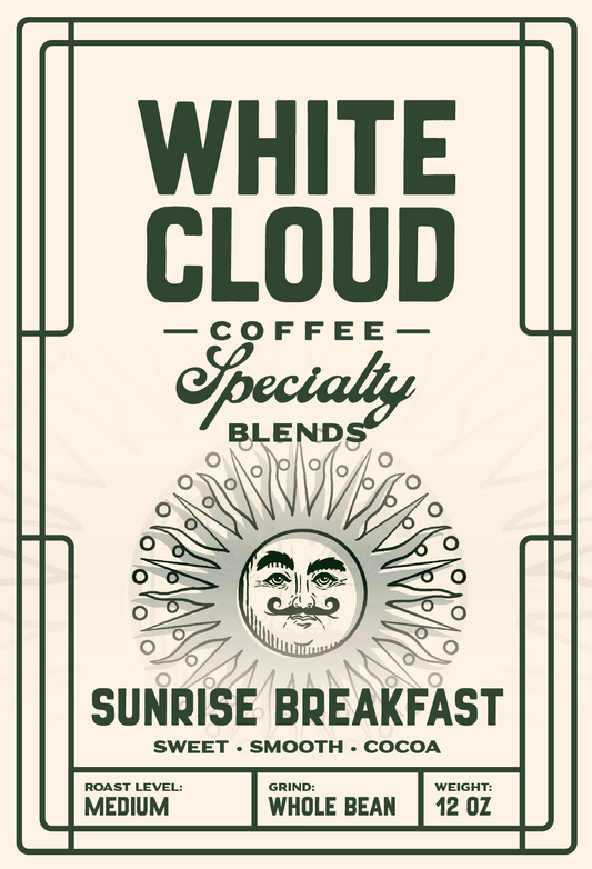 White Cloud Coffee Sunrise Breakfast specialty blend bag with sun illustration
