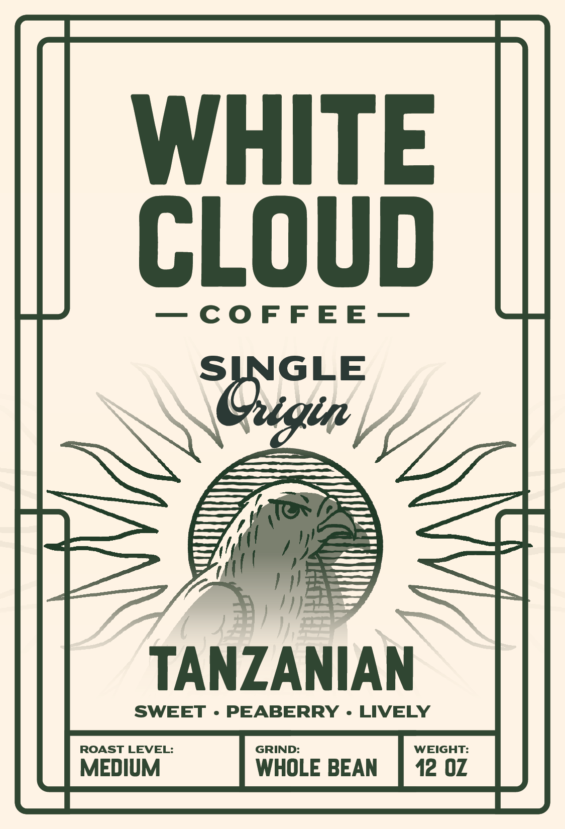 Tanzanian Peaberry single origin coffee from White Cloud Coffee, eagle artwork