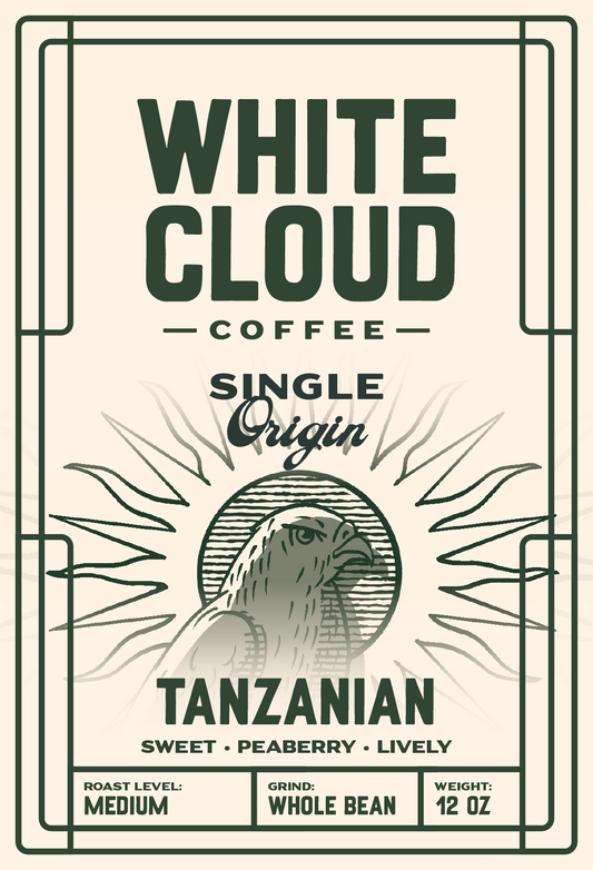 Tanzanian Peaberry single origin coffee from White Cloud Coffee, eagle artwork