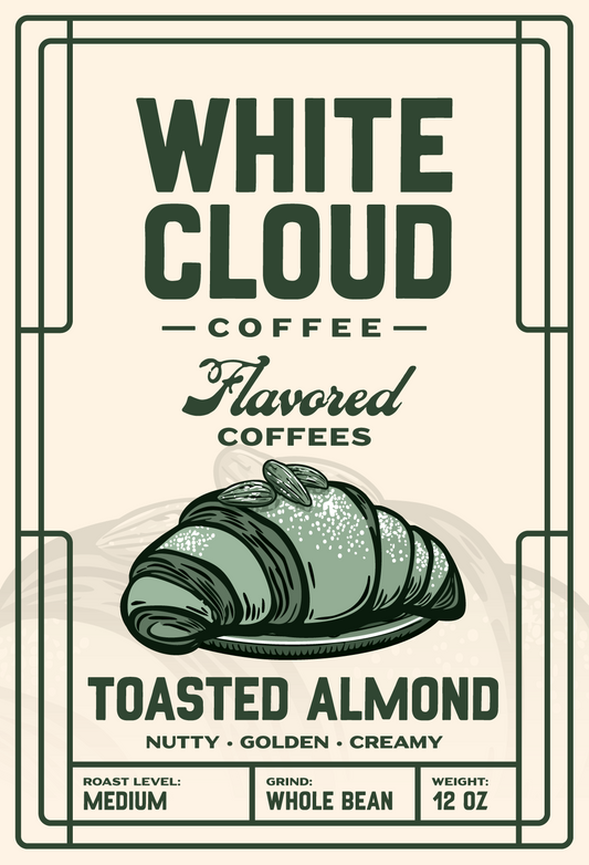 Toasted Almond Creme flavored coffee from White Cloud Coffee, almond croissant artwork