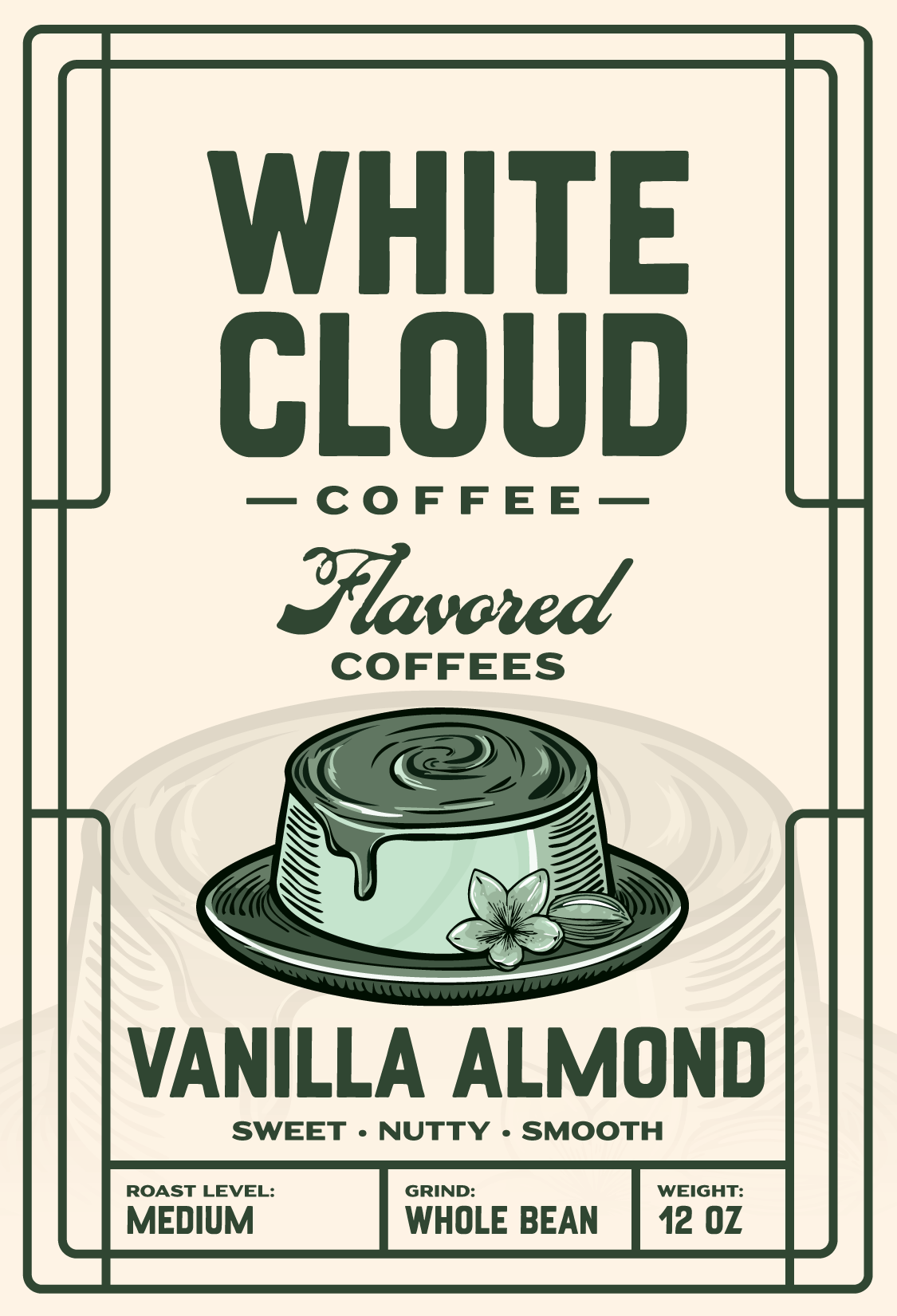 Vanilla Almond flavored medium roast from White Cloud Coffee, glazed custard artwork