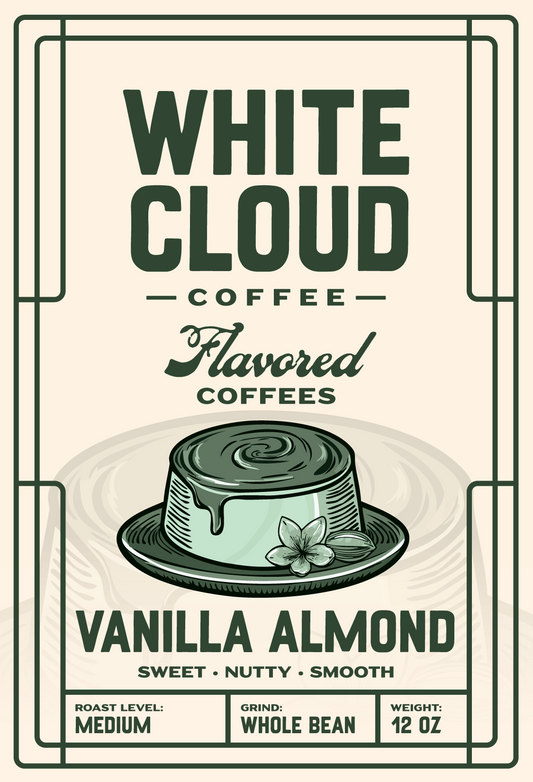 Vanilla Almond flavored medium roast from White Cloud Coffee, glazed custard artwork