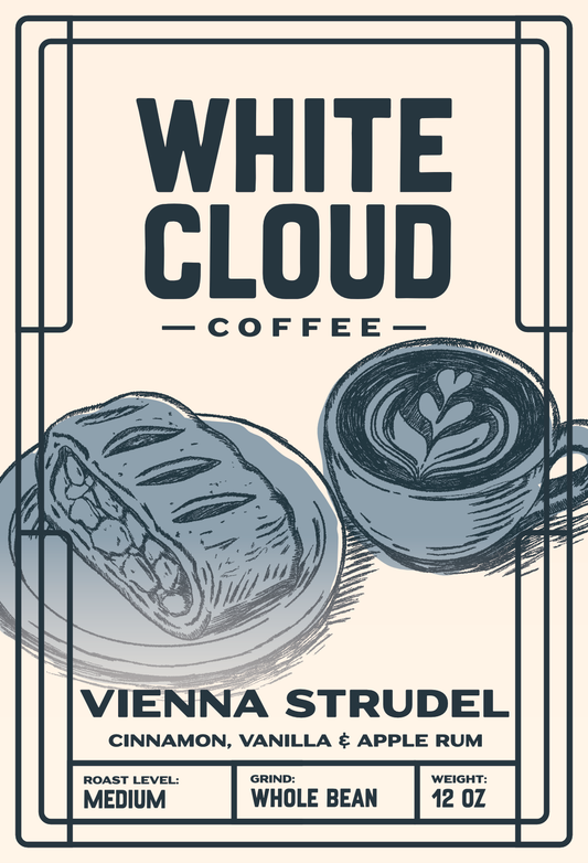 Vienna Strudel flavored coffee from White Cloud Coffee, pastry and latte artwork