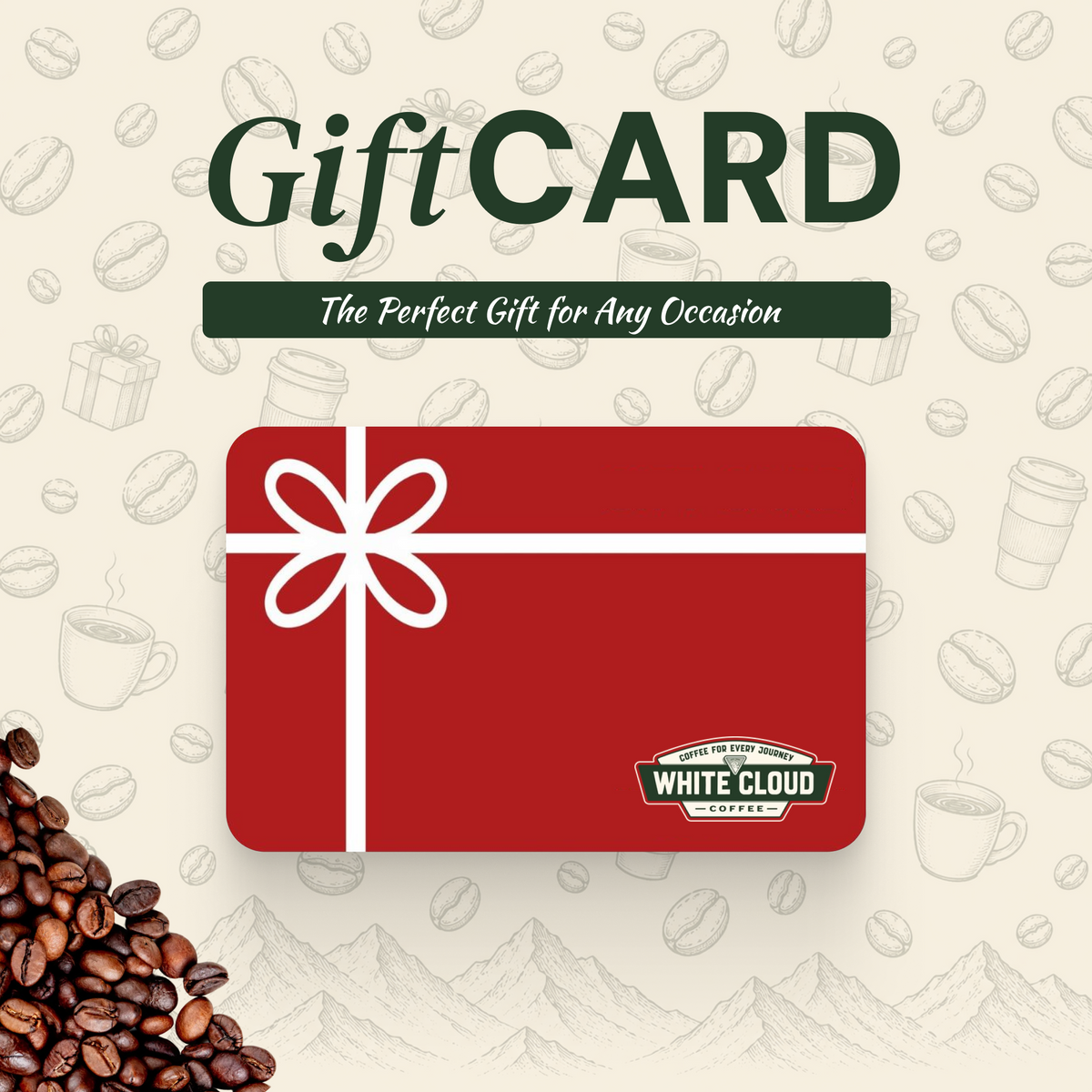 White Cloud Coffee gift card with red ribbon design and coffee beans