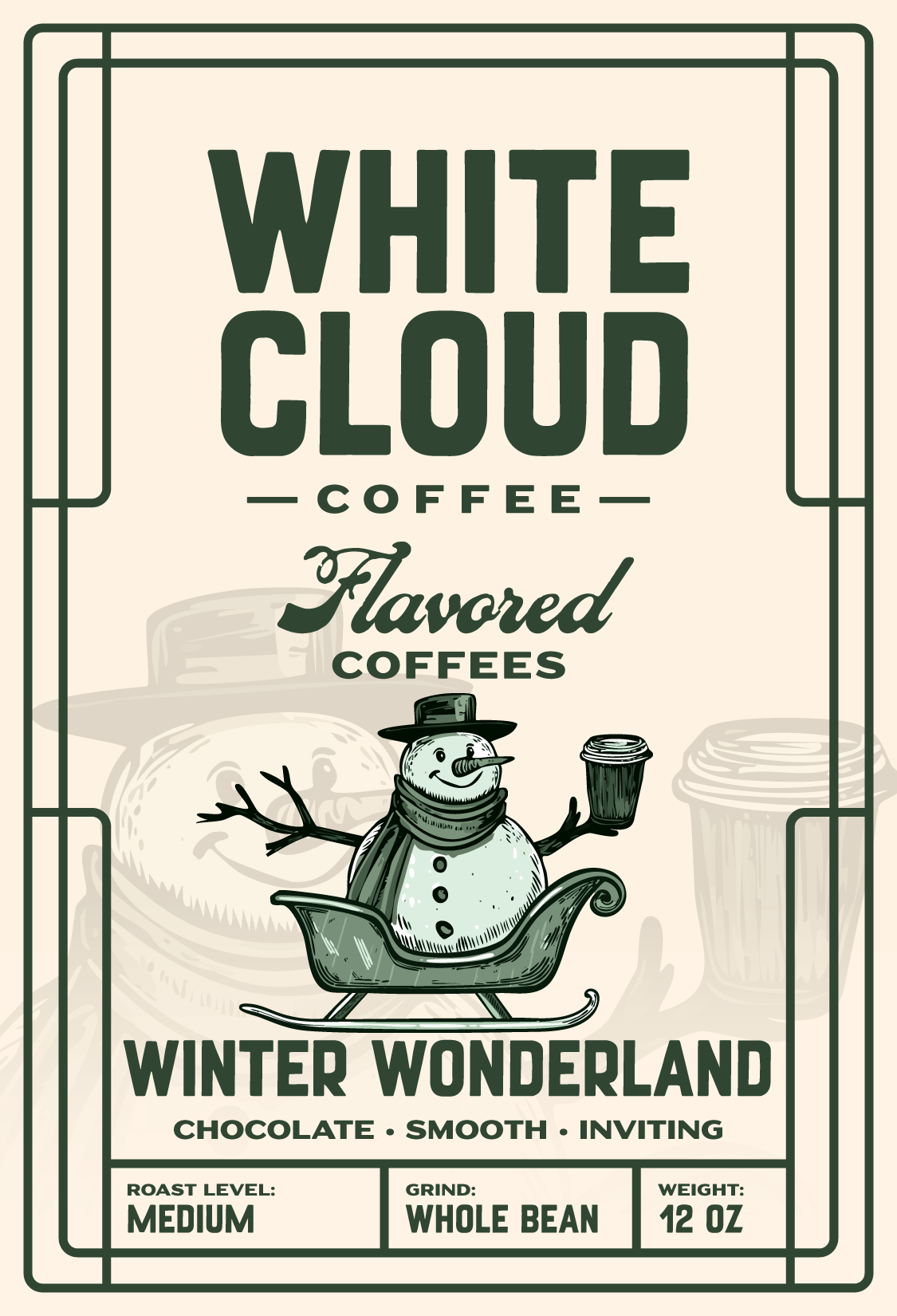 Winter Wonderland flavored holiday coffee from White Cloud Coffee, snowman sleigh artwork