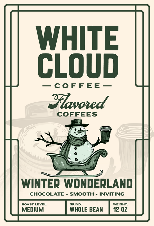 Winter Wonderland flavored holiday coffee from White Cloud Coffee, snowman sleigh artwork